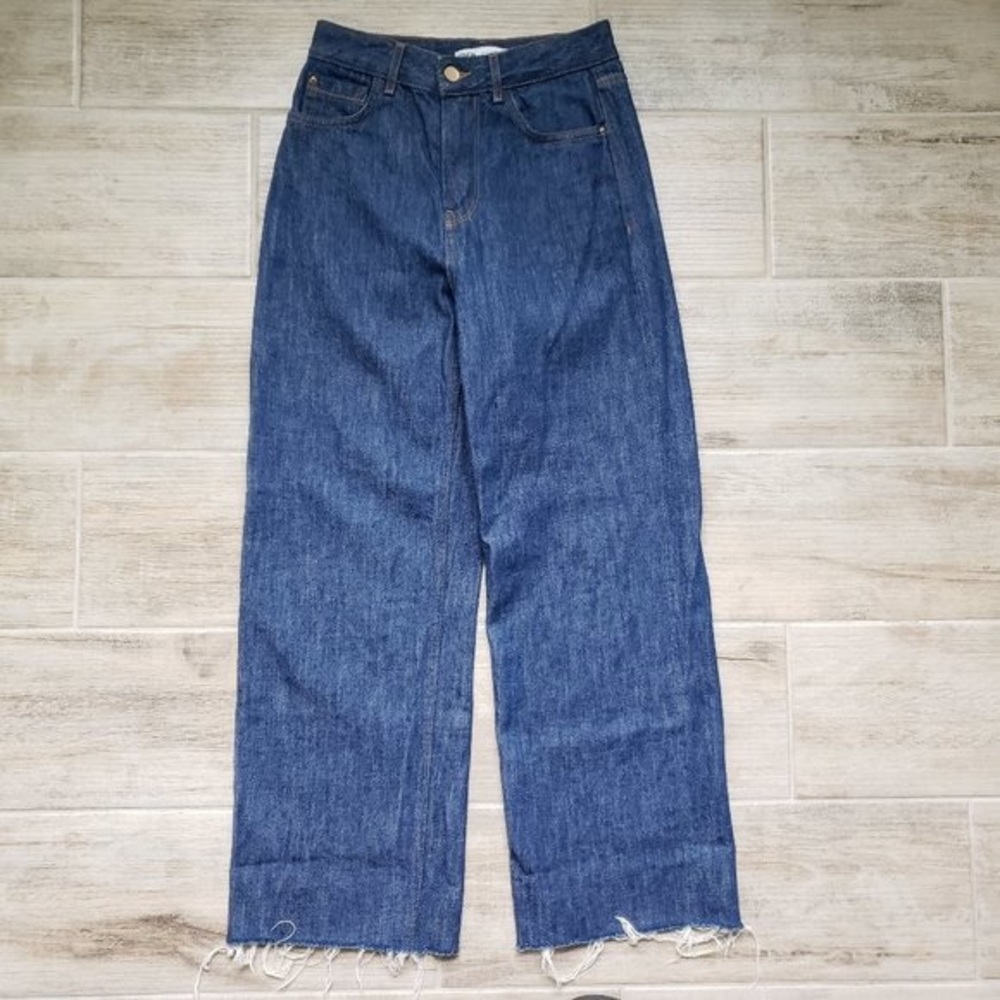 Zara Marine Straight Raw Cotton Wide Leg Denim Jeans 0